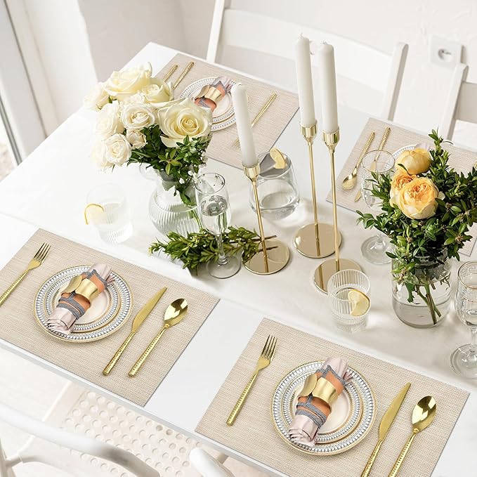 SLKQG Placemats Set of 6 - Easy Clean Washable Vinyl Placemats - Wipeable Heat Resistant Table Mats for Dining Table - 17.7x11.8 Inch (6, Beige)