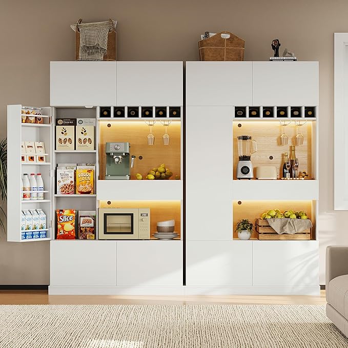 iPormis 69" Tall Kitchen Pantry Storage Cabinet with LED Lights & Microwave Stand & Wine Rack, Kitchen Hutch with Door Shelves & Adjustable Shelf & Drawers & Charge Station for Living Room, White