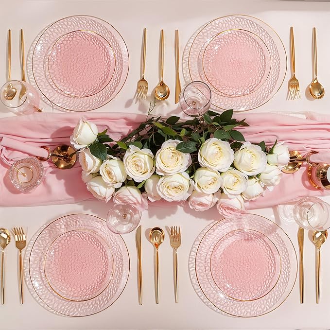 SUT 36Pcs Pink Plastic Plates, Hammered Plates Disposable Heavy Duty, Pink Disposable Plates With Gold Rim, Fancy Plastic plates Include 18 Dinner and 18 Dessert plates for Wedding