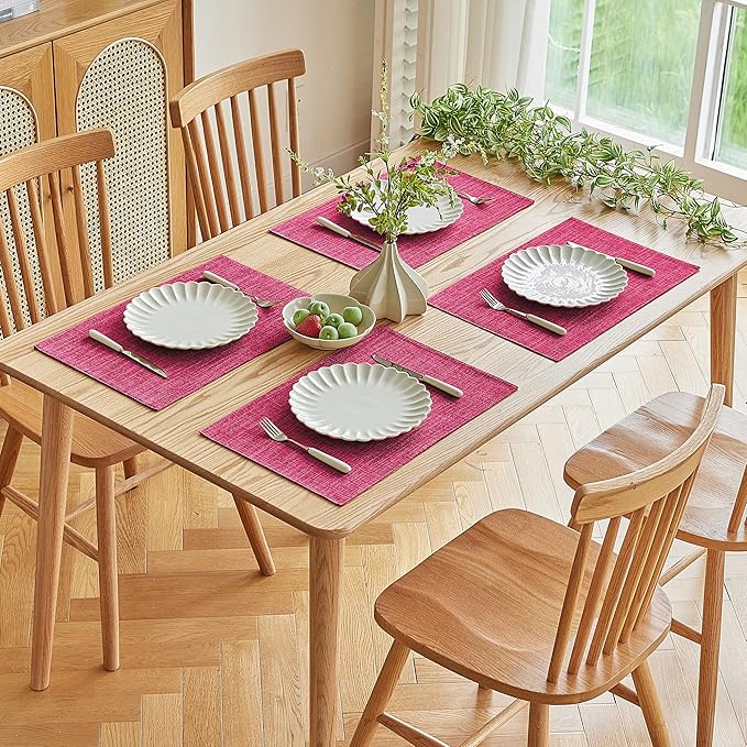 Softalker Faux Linen Placemats Set of 4-12 x 18 Inch, Heat Resistant Double Layered Durable Burlap Farmhouse Place Mats, Non-Slip Washable Rustic Table Mats for Dining, Kitchen, Party竊늁ink