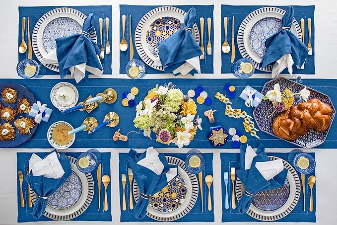 Solino Home Linen Placemats Set of 4 - Classic Hemstitch Indigo Blue Placemats 14 x 19 Inch - 100% Pure Linen Table Mats for Winter, Spring, Easter