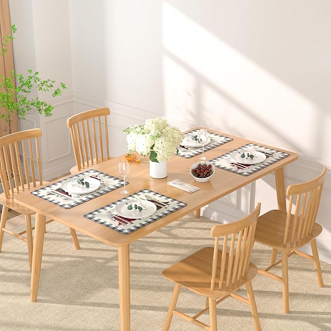 QIYI Christmas Placemats Set of 6, 12x18 Inch PU Leather Place Mats for Kitchen Dinning, Heat Resistant Anti Slip Buffalo Plaid Table Mats, Waterproof Washable Placemat Party Table D챕cor, Xmas Trees