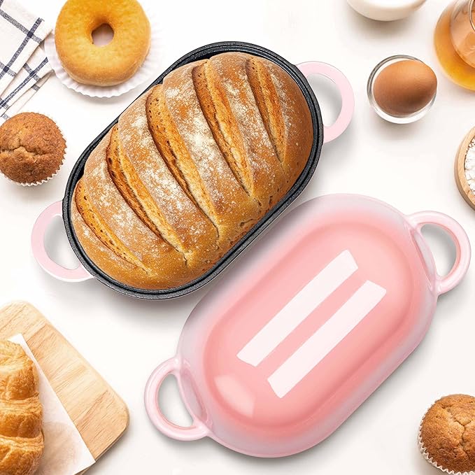 Homikit Enameled Cast Iron Dutch Oven for Bread Baking, 2.8 QT Oval Bread Oven Pot with Lid, Cast Iron Dutch Oven Loaf Sourdough Pan for Roasting Cooking, Pink & Heavy Duty