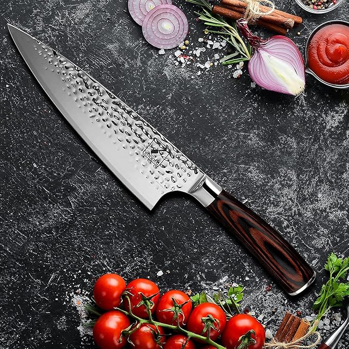 imarku Damascus Chef Knife, 8 Inch Kitchen Knife Ultra Sharp Cooking Knife HC German Stainless Steel Japanese Knife for Kitchen, Hand-Hammered Design, Ergonomic Handle, Christmas Gifts for Men Women