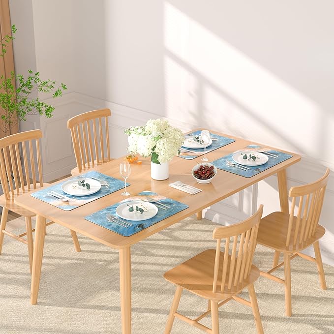 QIYI Placemats Set of 6, 12x18 Inch Faux Leather Place Mats for Kitchen Dinning, Heat Resistant Anti Slip Pink Gold Table Mats, Waterproof Wipeable Washable Placemat Party Table D챕cor, Blue Marble