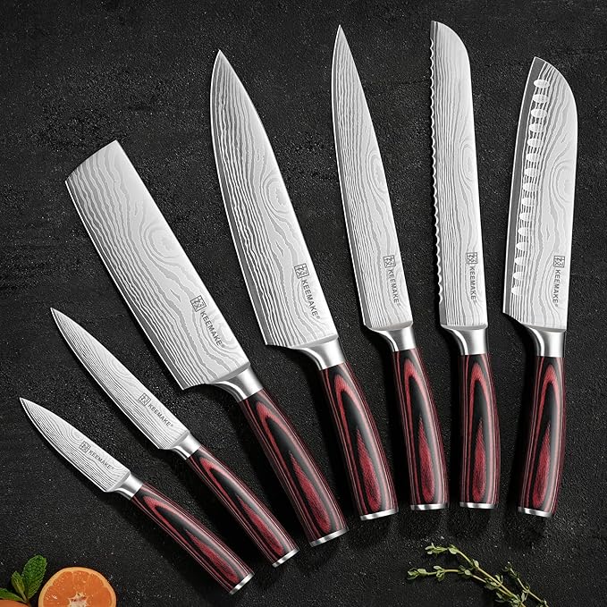 KEEMAKE Kitchen Knife Set, Ultra Sharp Chef Knife Set 7-Piece, High Carbon Stainless Steel Chefs Knife Set, Professional Knives Set for Kitchen with Pakkawood Handle and Gift Box