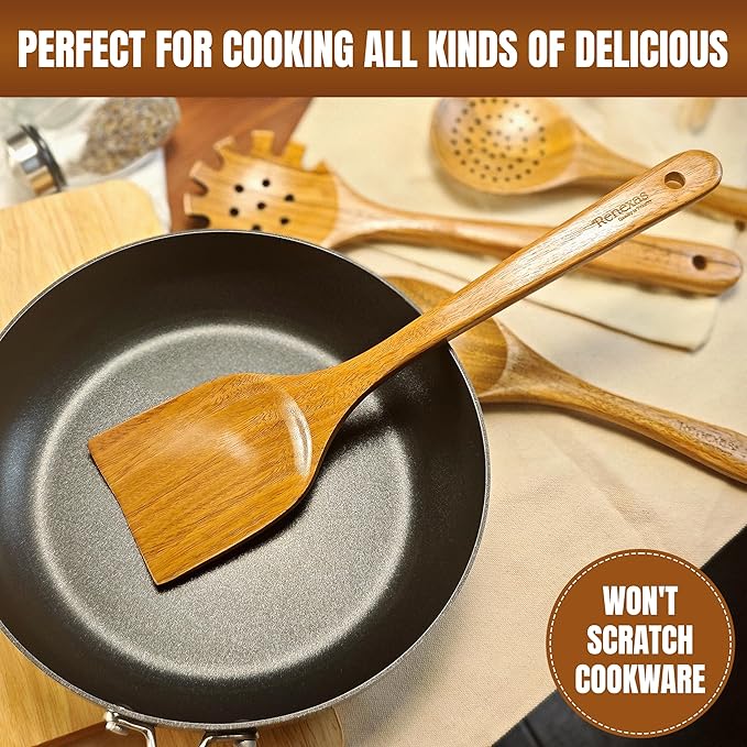 Wooden Spoons for Cooking Utensils Set - 9 Pcs Natural Teak Wooden Kitchen Utensils Set - Non-Stick Cooking Wooden Spoon with Holder, Wooden Spatula, Spoon Rest & 6 Hooks