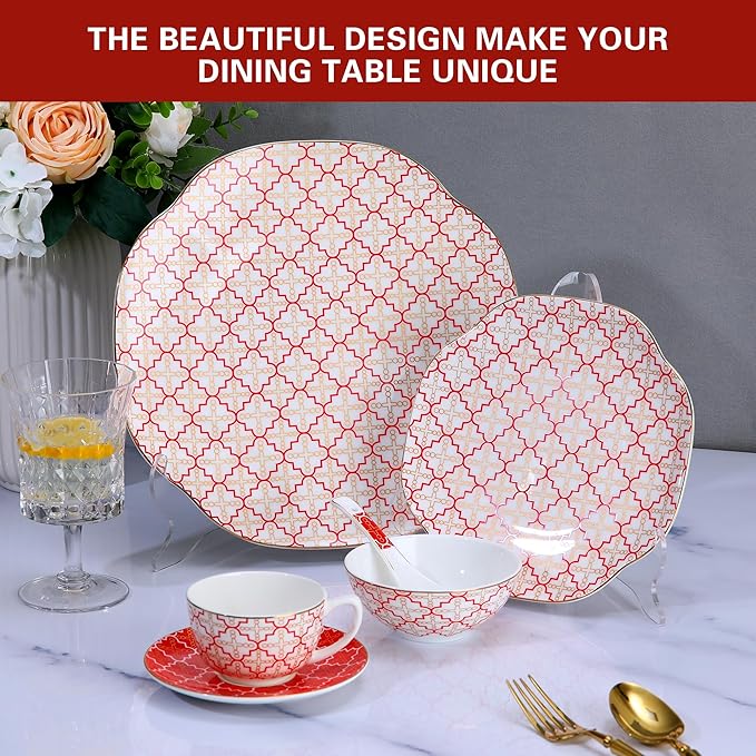 24 Piece Red Poreclain Dinnerware Set,Bone china Set for 4,Ceramic Plates and Bowls Sets With checkered cross pattern,Highly Chip and Crack Resistant | Oven & Dishwasher (Red + Checkered Cross)