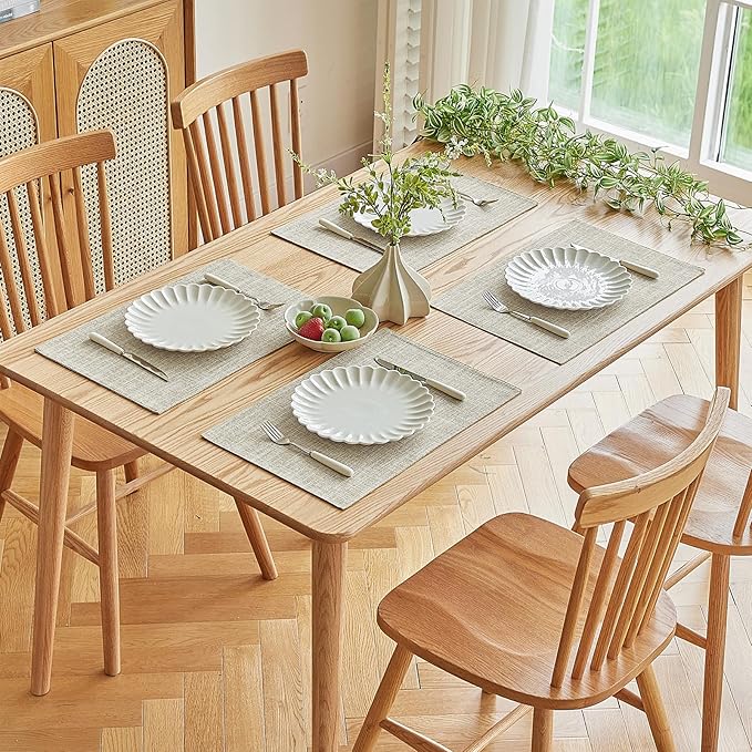 Softalker Faux Linen Placemats Set of 4-12 x 18 Inch, Heat Resistant Double Layered Durable Burlap Farmhouse Place Mats, Non-Slip Washable Rustic Table Mats for Dining, Kitchen, Party竊뉰eige