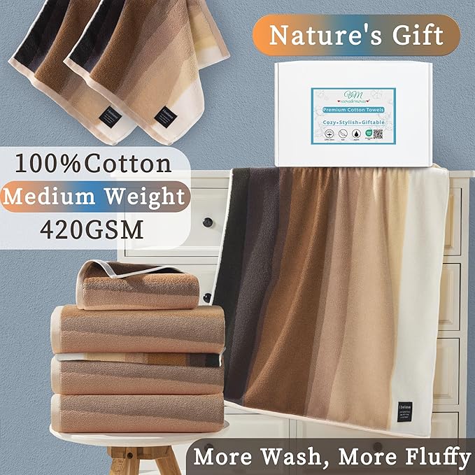 VOOVA & MOVAS Brown Hand Towels - 100% Cotton | 420GSM | Soft | Absorbent | Long-Lasting, Bathroom Hand Towels Set of 4, 14"x30", Decorative Towel for Bathroom, Towels Gift Set, Beige and Brown