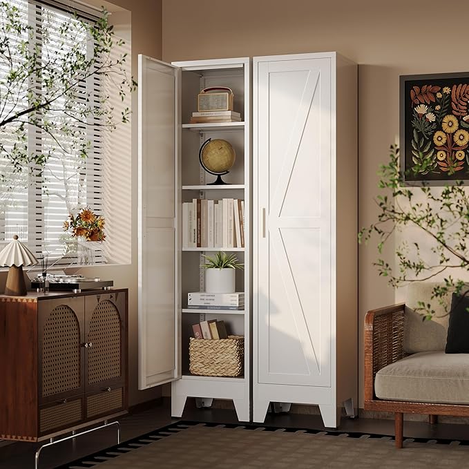 67?쏦 Narrow Pantry Cabinet,Tall Skinny Pantry Storage Cabinet with Adjustable Shelves,Metal Narrow Kitchen Storage Cabinet,Slim and Thin Pantry Cabinets for Living Room Dining Room, White