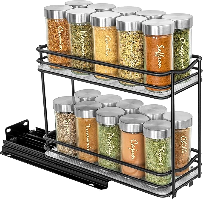LYNK PROFESSIONAL짰 Pull Out Spice Rack Organizer for Inside Kitchen Cabinets - 4-3/8 inch Wide - Slide Out Drawer ??Black Sliding Spice Cabinet Organization Shelf Racks - 2 Tier