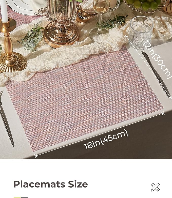 Leetaltree Luxury Pink Iridescent Placemats Set of 4 - Waterproof Washable for Wedding, Anniversary, Festive and Daily Use - Sparkling Table Mats Table Decor - Hand-Cut
