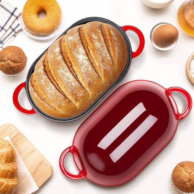 Homikit Enameled Cast Iron Dutch Oven for Bread Baking, 2.8 QT Oval Bread Oven Pot with Lid, Sourdough Loaf Iron Dutch Oven Pan for Roasting Cooking, Red & Heavy Duty