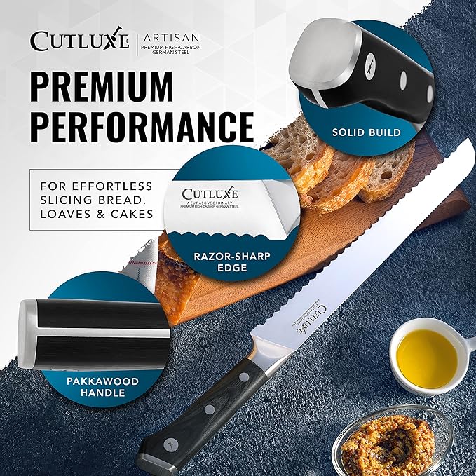 Cutluxe Bread Knife ??10" Serrated Knife for Homemade, Sourdough Bread ??Forged High Carbon German Steel ??Full Tang & Razor Sharp ??Ergonomic Handle Design ??Artisan Series
