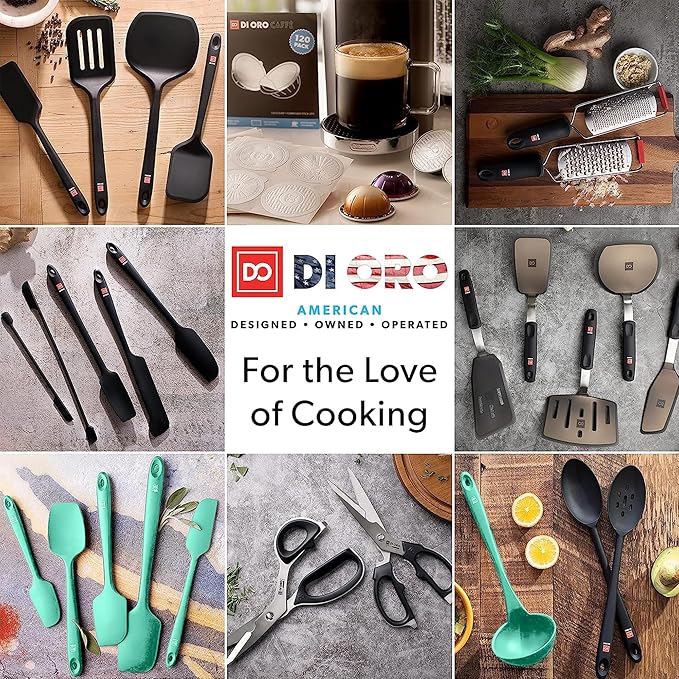 DI ORO Silicone Spoons for Cooking - Large Kitchen Spoons for Mixing, Serving, & Stirring - 600째F Heat-Resistant Non Stick Utensils ??Big Solid & Slotted Basting Spoons - Dishwasher Safe (2pc, Mint)