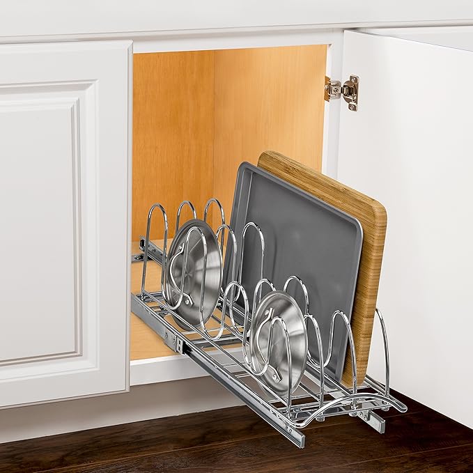 LYNK PROFESSIONAL짰 Pull Out Pot Lid and Cookie Sheet Organizer Rack for Cabinet - Lifetime Ltd. Warranty - Sliding Kitchen Organizers ??Pans, Pots, Lids, and Tray Storage - 7.25 wide x 21 inch, Chrome