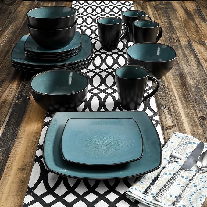 Gibson Elite Soho Lounge 16-Piece Reactive Glaze Dinnerware Set ??Teal and Black Tutone Stoneware Plates and Bowls
