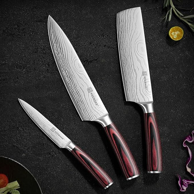 KEEMAKE Kitchen Knife Sets, 3 Pieces Professional Chef Knife Set with High Carbon Stainless Steel, Ultra Sharp Blade Kitchen Knives Sets with Ergonomic Pakkawood Handle & Gift Box