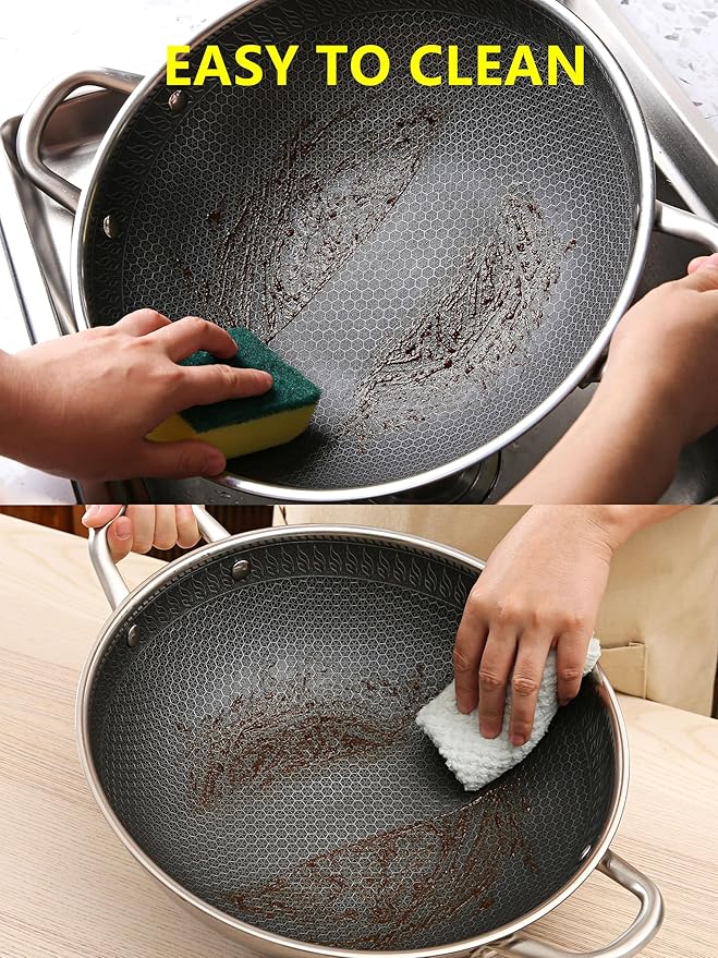 12.5Inch Stirfry Pan with Coating Stainless Steel Wok Pan with Nonstick Coating,Frying Pans, Stay-Cool Handle,Works with Gas, Electric, Ceramic Furnace Stove,Suitable for Home , Outdoor Camping