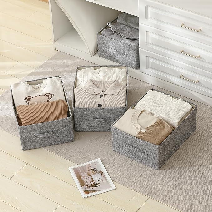 Linen Folding Storage Bins, 3 Pack Large Storage Baskets, Washable, Clothing Storage Bins with Handle, Closet Organizer for Storage Sweater,Sheets(dark grey, 18쩍"x13쩍"x8쩍")