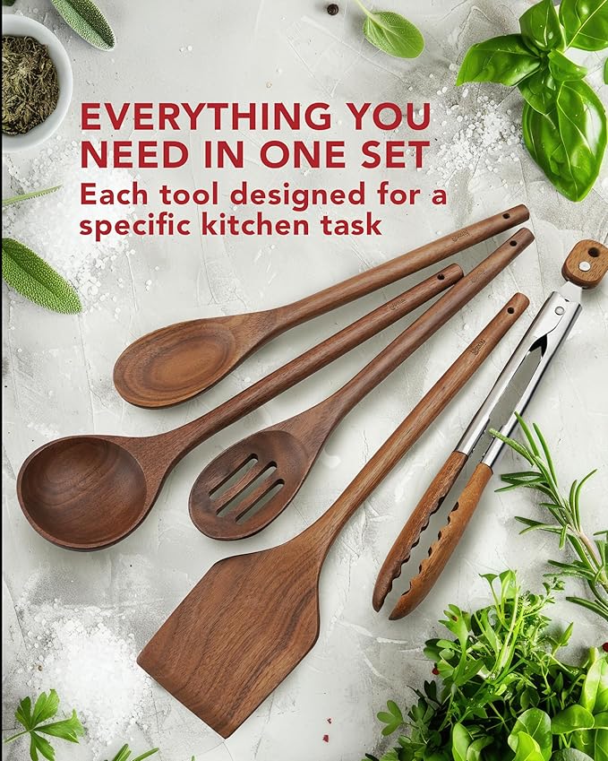 Elegant 5-Piece Walnut Wood Kitchen Utensil Set ??Non-Scratch, Heat-Resistant Cooking Utensil Set with Kitchen Tongs, Spoons, Spatula & Ladle ??Lightweight, Durable & Perfect for Daily Use or Gifting
