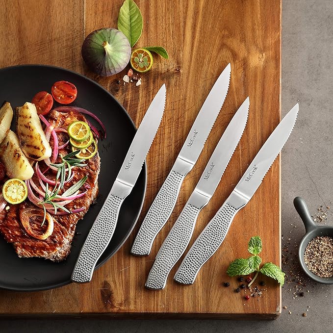 McCook짰 Premium Knife Sets,Full Tang Hammered German Stainless Steel Kitchen Knife Set with 8 Pieces Steak Knives and Acacia Block