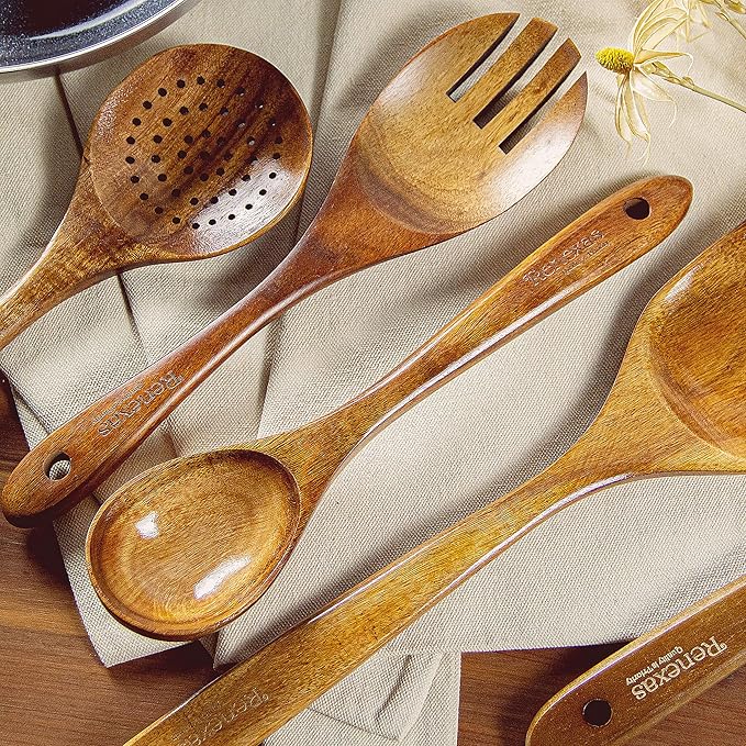 Wooden Spoons for Cooking Utensils, Natural Teak Wooden Cooking Spoons with Nonstick Spatula Set, Bamboo Kitchen Utensils With Holder, Wood Spoon Set for Kitchen Essentials (6)