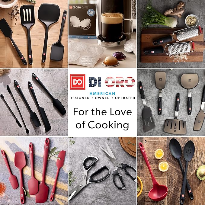 DI ORO Silicone Spoons for Cooking - Large Kitchen Spoons for Mixing, Serving, & Stirring - 600째F Heat-Resistant Non Stick Utensils ??Big Solid & Slotted - Dishwasher Safe (2pc, Black)