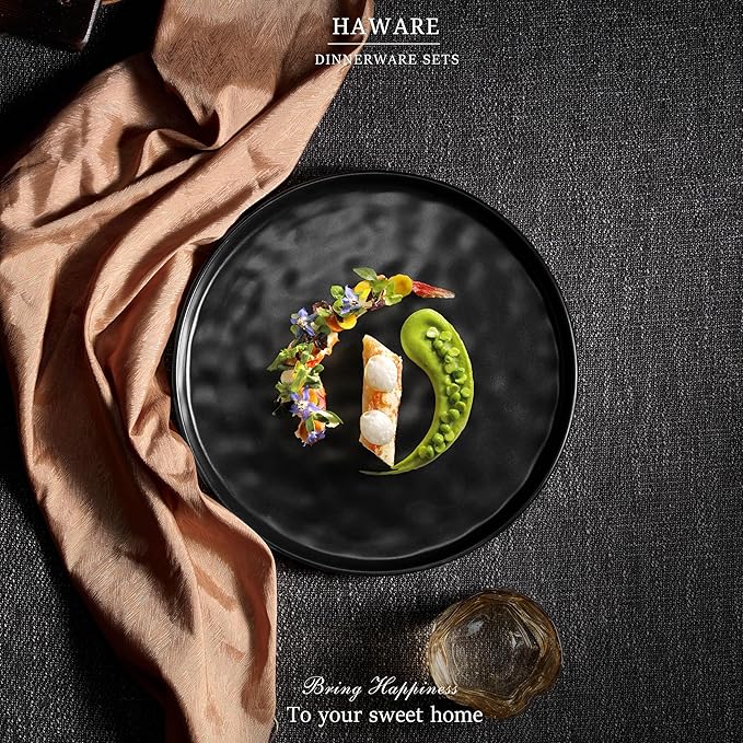 HaWare Stoneware Plates Set of 6, 7.9" Salad Plates, Reactive Glaze Ripple Ceramic Dish Set for Appetizer, Dessert, Scratch Resistant, Small Dinner Plate, Microwave and Dishwasher Safe, Matte Black