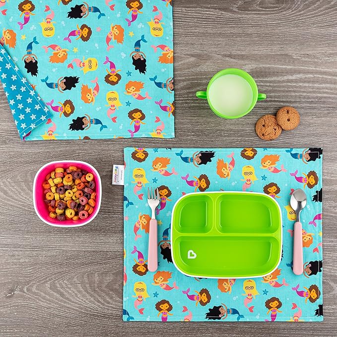 Funkins Reusable Cloth Placemats for Kids & Lunch Boxes | Reusable, Eco-Friendly | 15"x13", 2-ply, Thick, Absorbent, Machine Washable | Set of 2 Placemats (Mermaids)