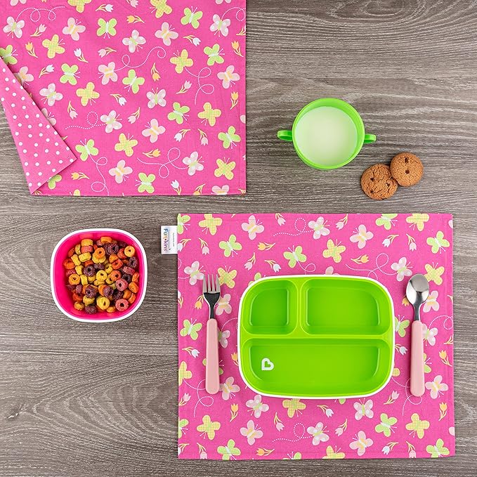 Funkins Reusable Cloth Placemats for Kids & Lunch Boxes | Reusable, Eco-Friendly | 15"x13", 2-ply, Thick, Absorbent, Machine Washable | Set of 2 Placemats (Pink Butterflies)