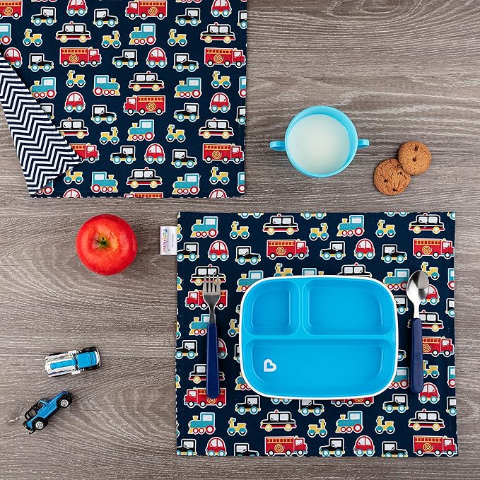 Funkins Reusable Cloth Placemats for Kids & Lunch Boxes | Reusable, Eco-Friendly | 15"x13", 2-ply, Thick, Absorbent, Machine Washable | Set of 2 Placemats (Transportation)