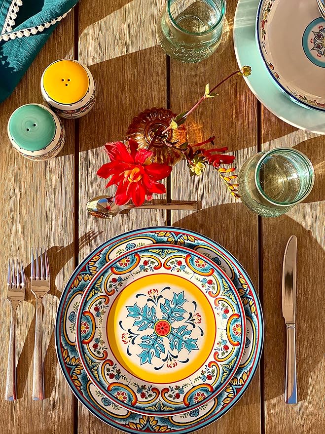 Euro Ceramica Zanzibar Double Bowl 16-Piece Dinnerware Set | Fine Kitchenware | Floral Multicolor Design Stoneware Tableware Service For 4