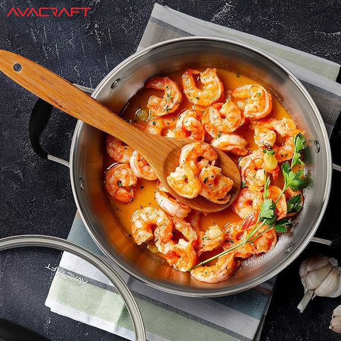 AVACRAFT 18/10 Stainless Steel Everyday Pan, Stir Fry Pan with Five-Ply Base, Chef?셲 Pan with Glass Lid, Multipurpose Stewpot Skillet, Saute Pan, Casserole in Pots and Pans (9 Inch)