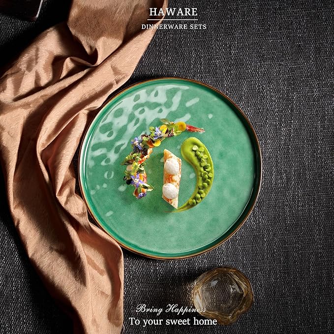 HaWare Stoneware Plates Set of 6, 7.9" Salad Plates, Reactive Glaze Ripple Ceramic Dish Set for Appetizer, Dessert, Scratch Resistant, Small Dinner Plate, Microwave and Dishwasher Safe, Reactive Green