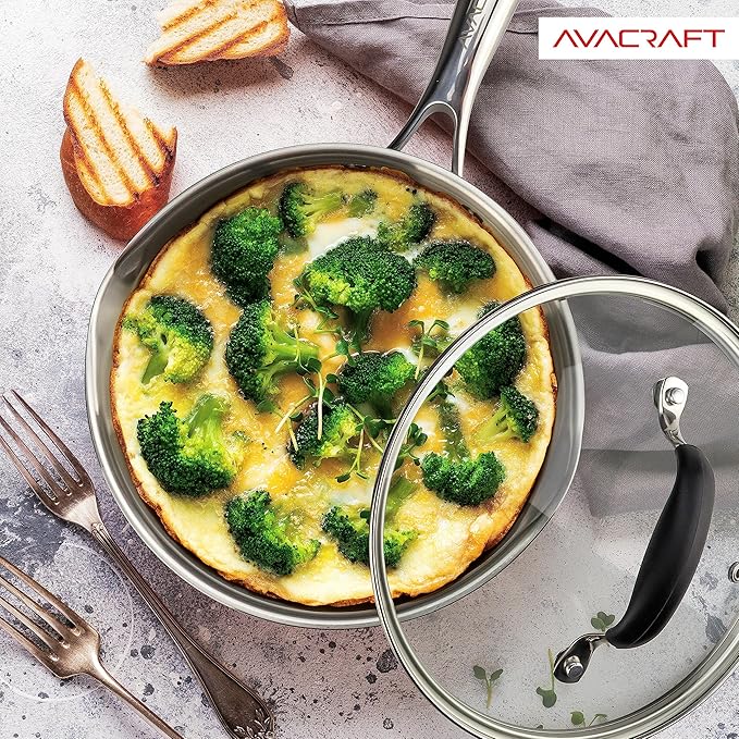 AVACRAFT 8 Inch Tri-Ply Stainless Steel Frying Pan with Lid, Side Spouts, Induction Pan, Versatile Stainless Steel Skillet, Fry Pan in our Pots and Pans (Tri-Ply Stainless Steel, 8 Inch)