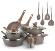 15Pcs Pots and Pans set for cooking nonstick, Aluminum cookware set with glass lids, Coffee maker and nylon kitchen tools, Induction safe, PFOA-free (15)