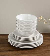 Famiware Garden Plates and Bowls Set, 24-Piece Dish Set for 8, Scratch Resistant Stoneware Dinnerware Set, Embossed Ceramic Tableware - Microwave and Dishwasher Safe, Reactive Glaze White