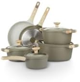 Bamb첫 10Pcs Cookware set, Die-cast Aluminum pots and pans, Nonstick frying pans and casseroles, Induction safe, PFOA-free (Green and Cream, 10 pcs)