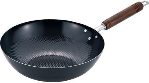 Iron Wok IH Compatible Japanese 11 inch - Non-Stick Embossed Surface Wood Handle Made in Japan (11.0 Inch)