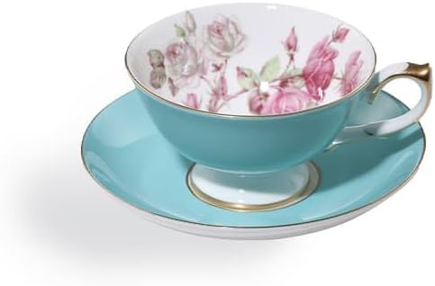 Aynsley Elizabeth Rose Fine Bone China Teacup and Saucer Set - 6.76oz Hand-Painted Gold-Trimmed Floral Vintage Set, Fancy Gift for Christmas/Wedding/New Year(Turq)
