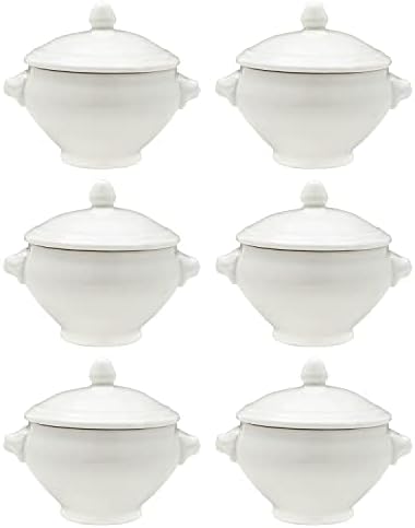 Vikko Soup Crocks With Lion Lids, 14 Ounce White Soup Bowl with Cover, Set of 6 Soup Dishes, Dishwasher Safe, Sturdy Design