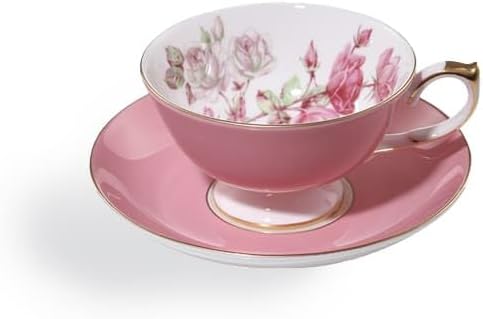 Aynsley Elizabeth Rose Fine Bone China Teacup and Saucer Set - 6.76oz Hand-Painted Gold-Trimmed Floral Vintage Set, Fancy Gift for Christmas/Wedding/New Year (Pink)