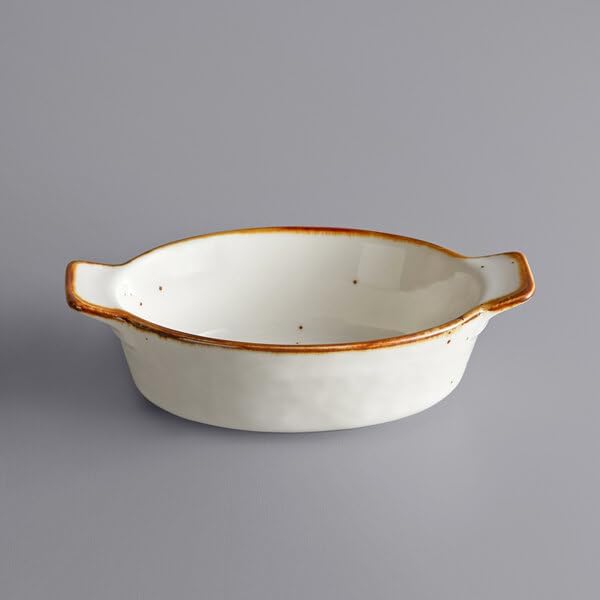 Keystone Vanilla Bean Stoneware Mini Rarebit Dish, White with Brown Speckles, 4 oz, Oval Shape, 5.25 x 3.25 Inches, Dishwasher and Microwave Safe, 6 per Case