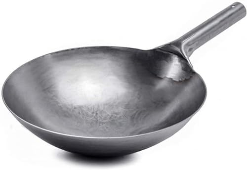 Authentic 14-Inch Hand Hammered Carbon Steel Wok, Non-Stick Stir Fry Pan with Flat Bottom, Perfect for High-Temperature Cooking & Even Heating (32CM)