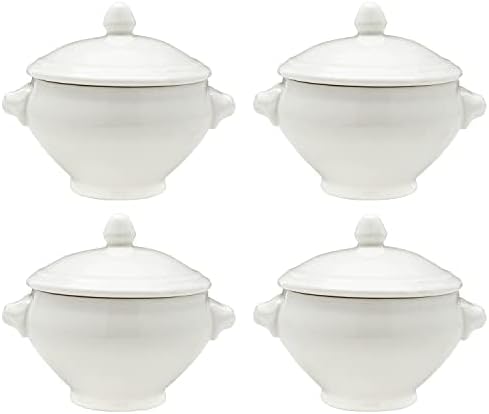 Vikko Soup Crocks With Lion Lids, 14 Ounce Modern White Soup Bowl with Cover, Set of 4 Soup Dishes, Dishwasher Safe