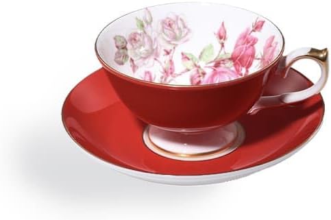 Aynsley Elizabeth Rose Fine Bone China Teacup and Saucer Set - 6.76oz Hand-Painted Gold-Trimmed Floral Vintage Set, Fancy Gift for Christmas/Wedding/New Year(Red)