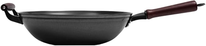 13.4" Cast Iron Flat-bottom Wok, Traditional Chinese Cooking Pan, Saute Stir-Fry Cookware with Wooden Handle, Physical Non Stick, Use on Induction, Electric, Gas, Open Fire,BBQ,Grill &Camping