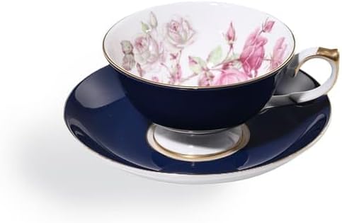 Aynsley Elizabeth Rose Fine Bone China Teacup and Saucer Set - 6.76oz Hand-Painted Gold-Trimmed Floral Vintage Set, Fancy Gift for Christmas/Wedding/New Year(Blue)